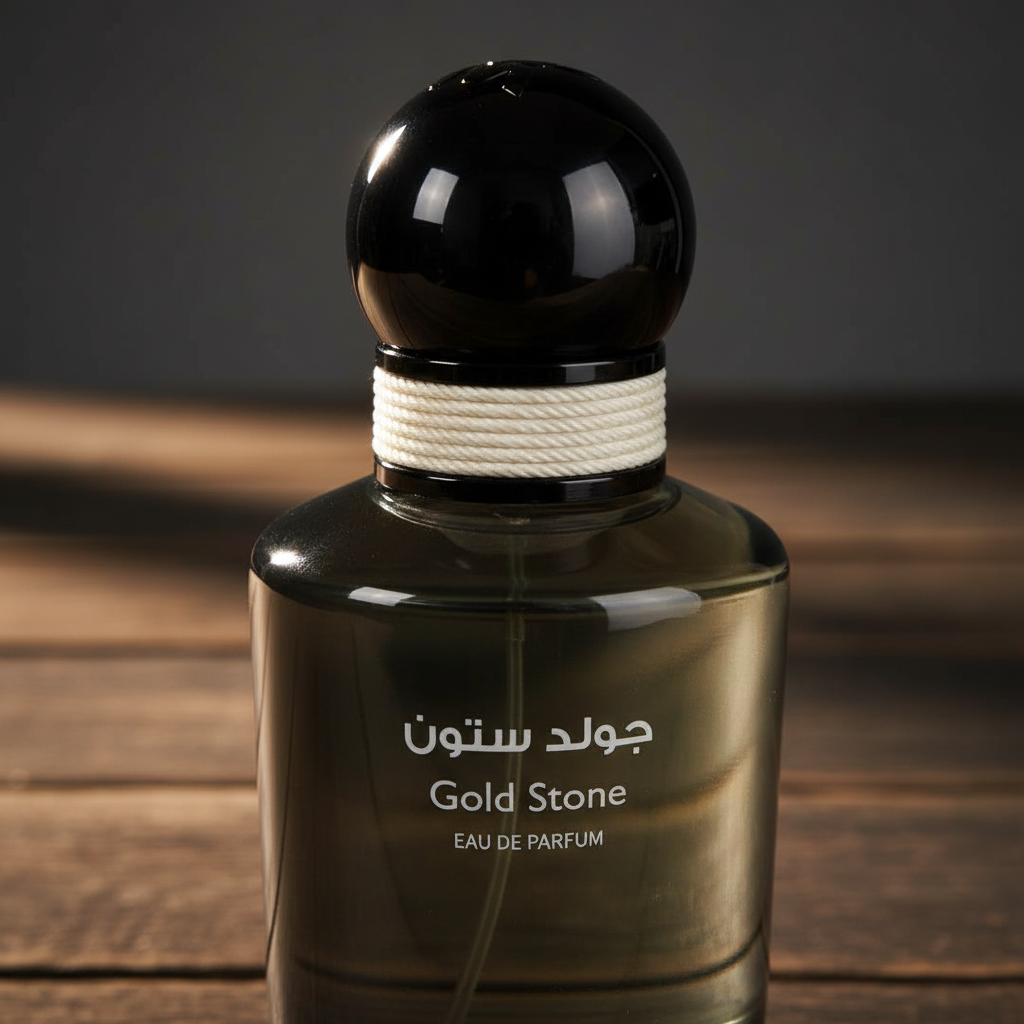 Gold Stone EAU DE PARFUM by Al Majed Oud — Close-up detail of cap and label