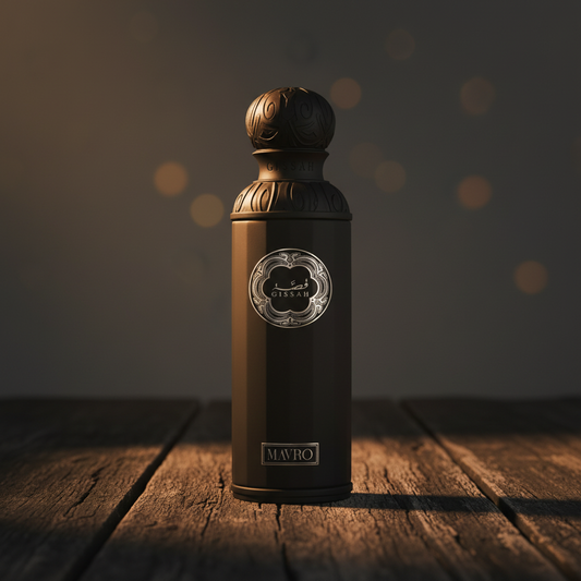 Gissah Mavro luxury perfume bottle hero front shot on dark wood surface