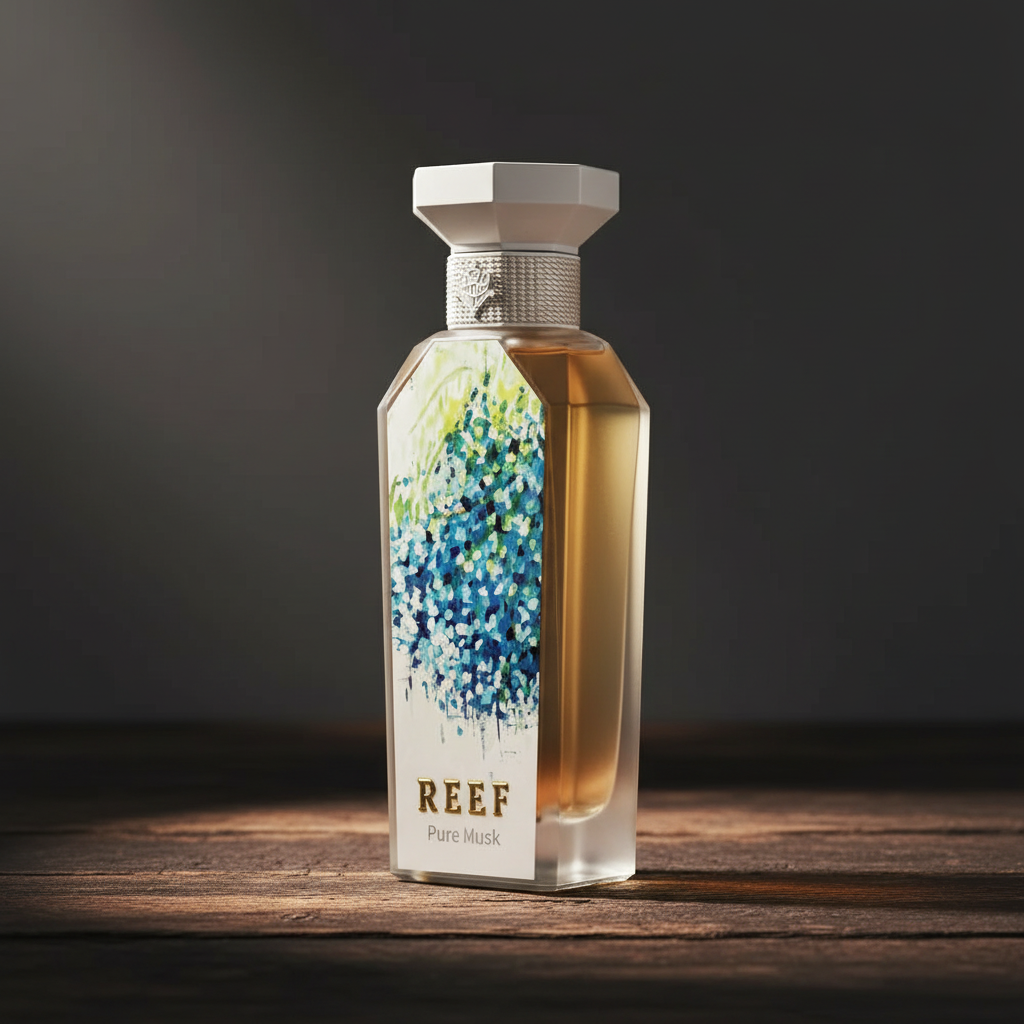 Reef Pure Musk perfume bottle at three-quarter angle, dark moody studio, warm amber lighting