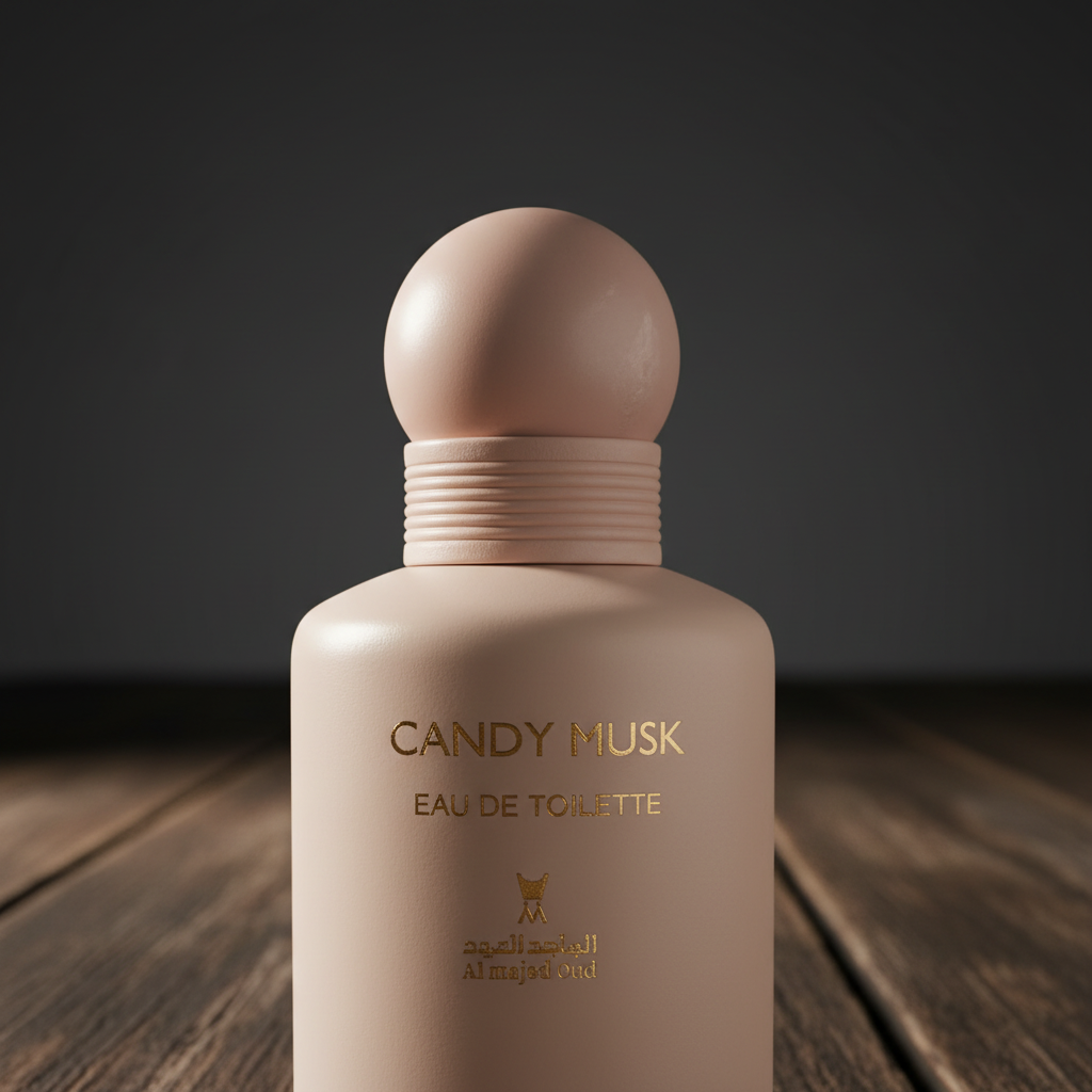 Candy Musk EAU DE TOILETTE by Al Majed Oud — Close-up detail of spherical cap and gold label