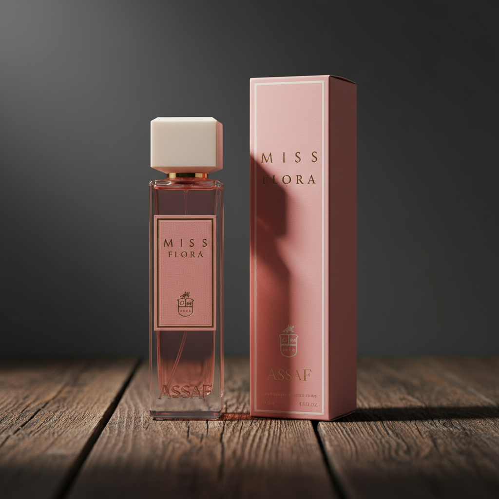 Miss Flora perfume bottle and box packaging on dark wood surface
