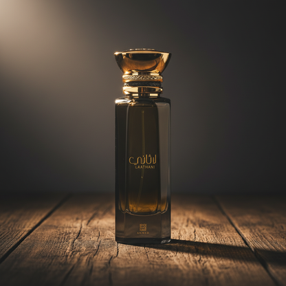 Laathani perfume bottle hero front shot on dark wood surface