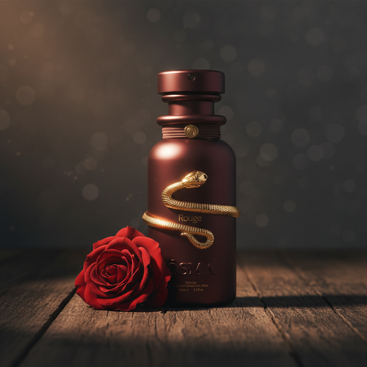 Rouge by OSMA perfume bottle styled with single red rose on dark wood surface