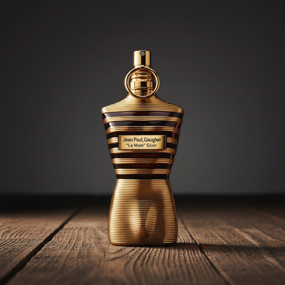 Jean Paul Gaultier Le Male Elixir perfume bottle, hero front view, dark moody studio