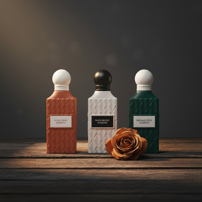 Diamond Collection perfume bottles styled with rose bloom on dark wood surface