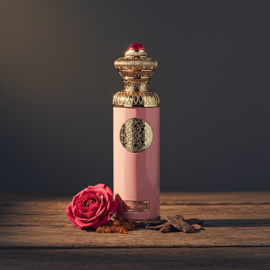 Pink Miss by Surrati Heritage Collection — Lifestyle shot with rose bloom prop on dark wood surface