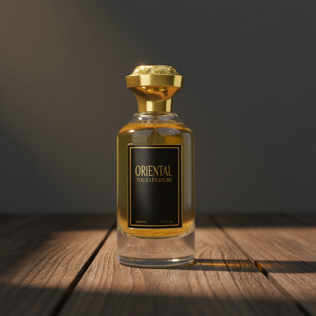 Oriental Tous Les Jours perfume bottle hero front shot on dark wood surface