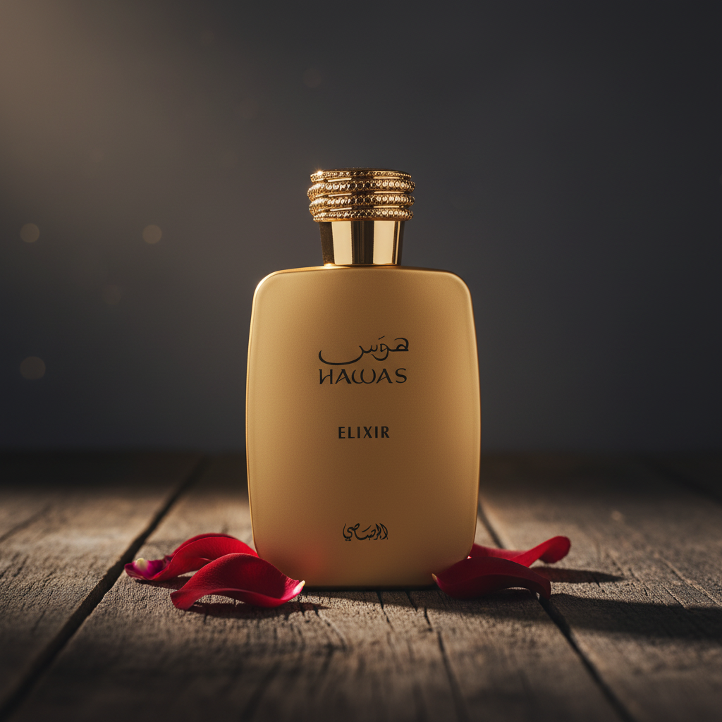 Hawas Elixir perfume bottle lifestyle shot with rose petals on dark wood