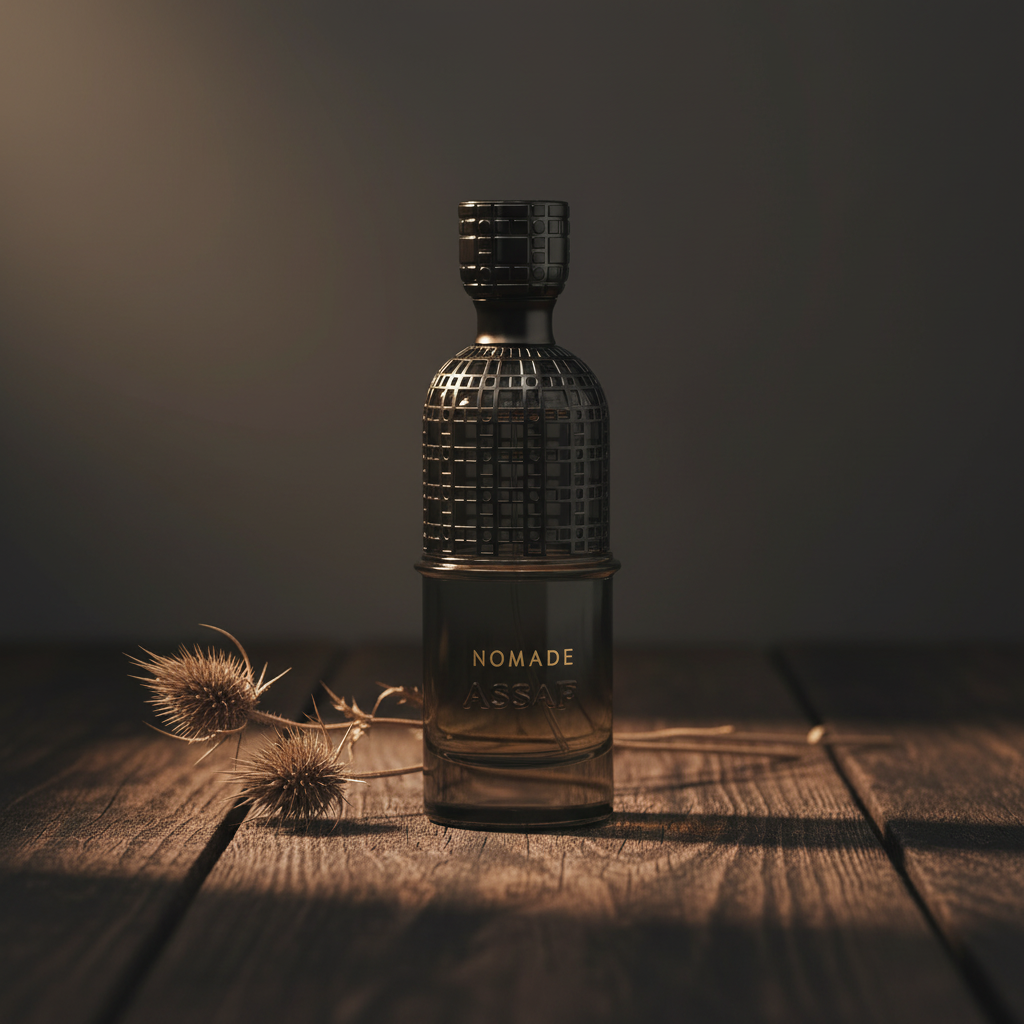 Nomade Assaf EDP – lifestyle shot with dried botanical stems leaning left at base, Arabian luxury mood