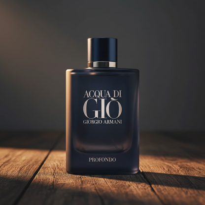 Giorgio Armani Acqua Di Giò Profondo EDP – hero front shot on dark weathered wood with warm studio lighting