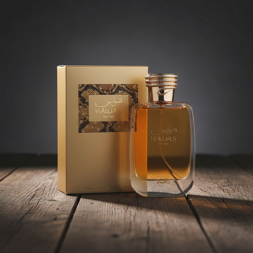 HAWAS For Her perfume bottle with gold box packaging