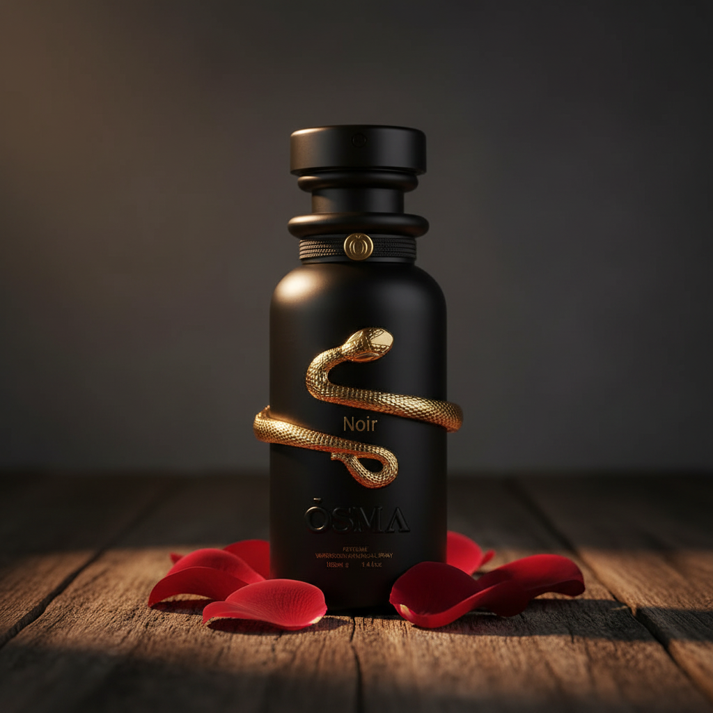 Noir by OSMA perfume bottle lifestyle shot with rose petals
