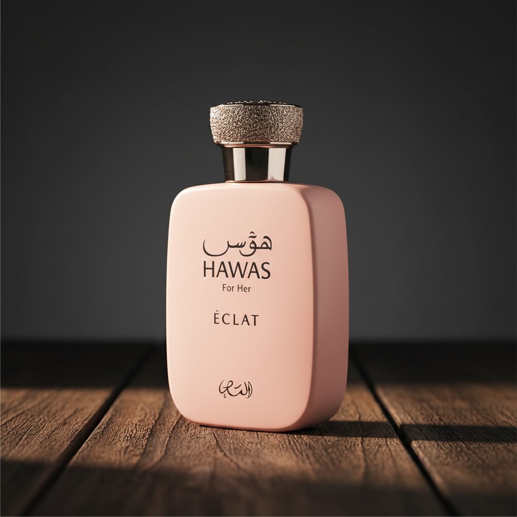 Hawas For Her Éclat perfume bottle three-quarter angle dark studio