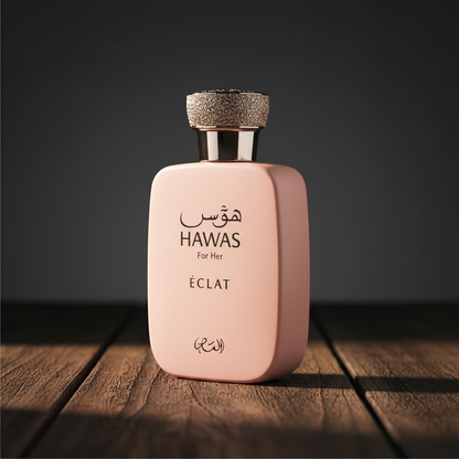 Hawas For Her Éclat perfume bottle three-quarter angle dark studio