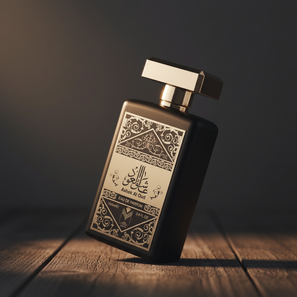 Ashek Al Oud Eau de Parfum – three-quarter front angle on dark weathered wood with dramatic warm lighting