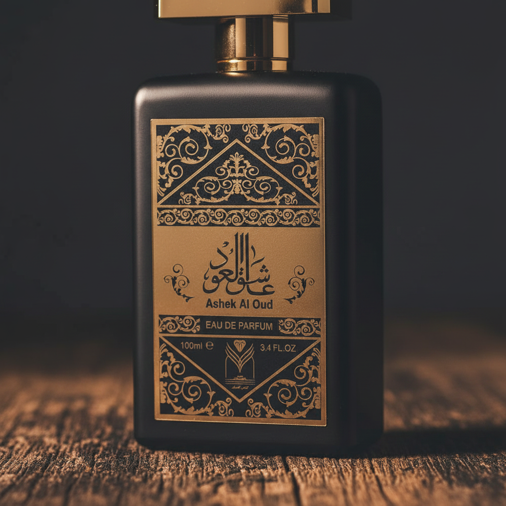 Ashek Al Oud perfume bottle close-up showing gold arabesque label and cap detail