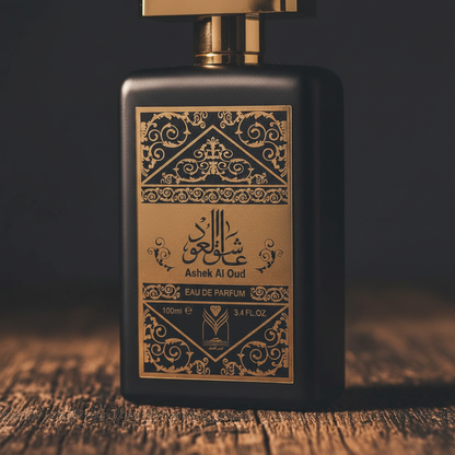 Ashek Al Oud perfume bottle close-up showing gold arabesque label and cap detail