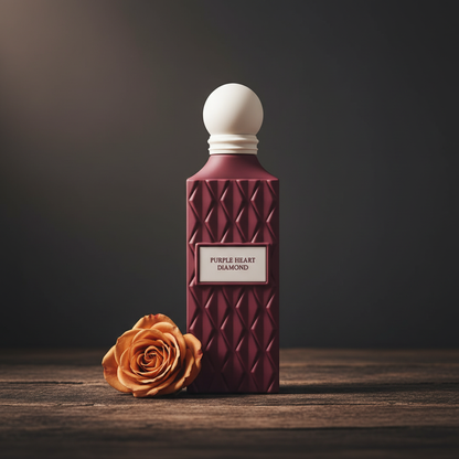 Purple Heart Diamond perfume bottle with single rose prop, Arabian luxury mood