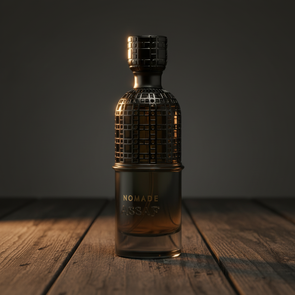Nomade Assaf EDP – three-quarter front angle on dark wood, warm amber studio lighting