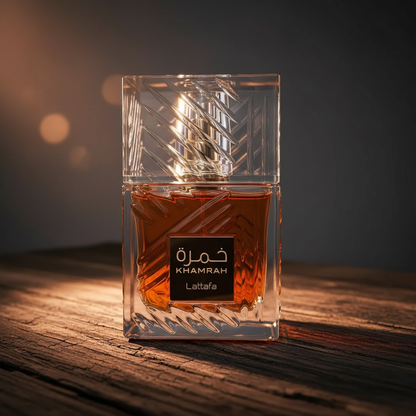 Khamrah by Lattafa perfume bottle close-up crystal detail shot