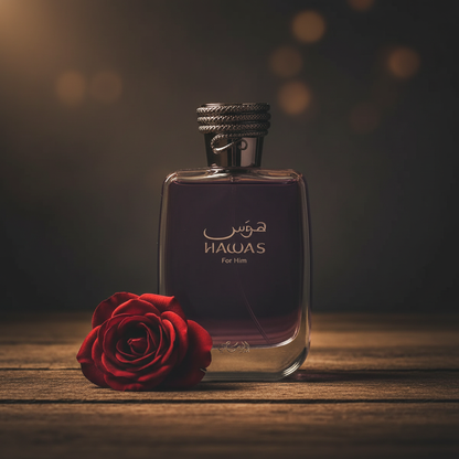 Hawas For Him perfume bottle styled with a single red rose on dark weathered wood, Arabian luxury mood photography