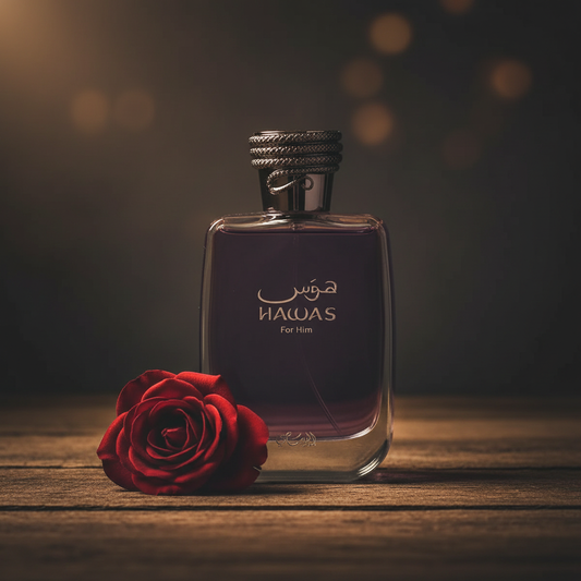 Hawas For Him perfume bottle styled with a single red rose on dark weathered wood, Arabian luxury mood photography
