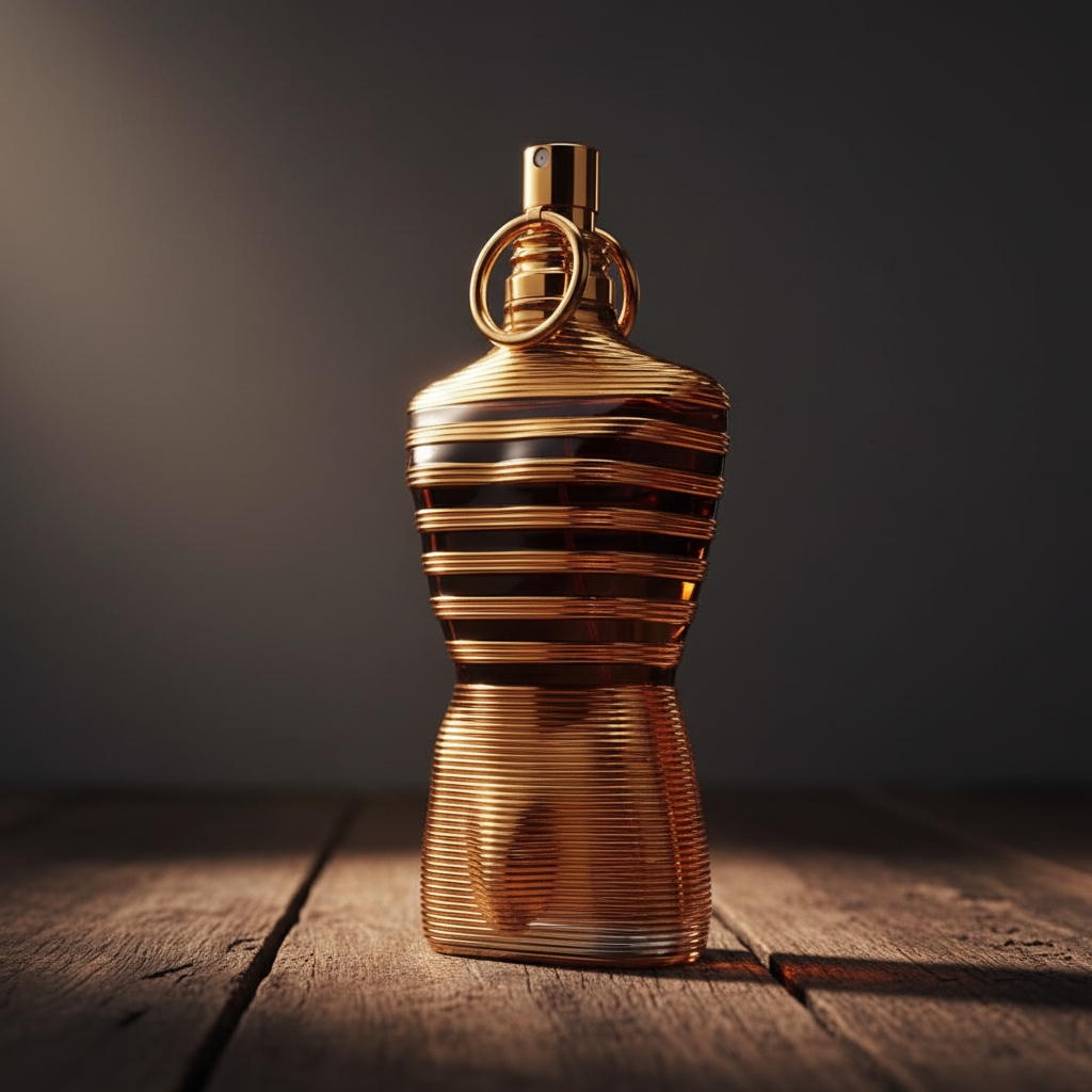 Jean Paul Gaultier Le Male Elixir perfume bottle, three-quarter angle, dark moody studio