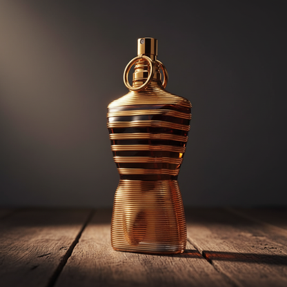 Jean Paul Gaultier Le Male Elixir perfume bottle, three-quarter angle, dark moody studio