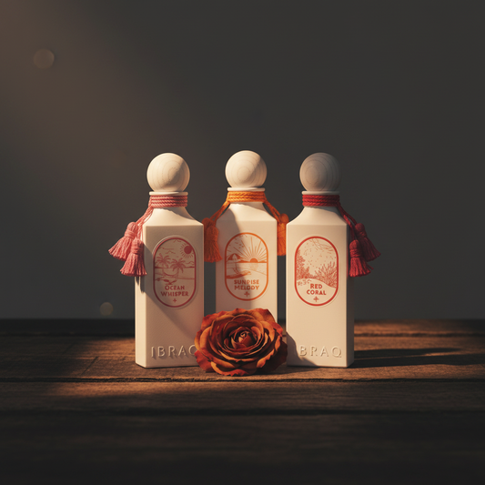 IBRAQ Summer Ocean perfume bottles lifestyle shot with rose prop