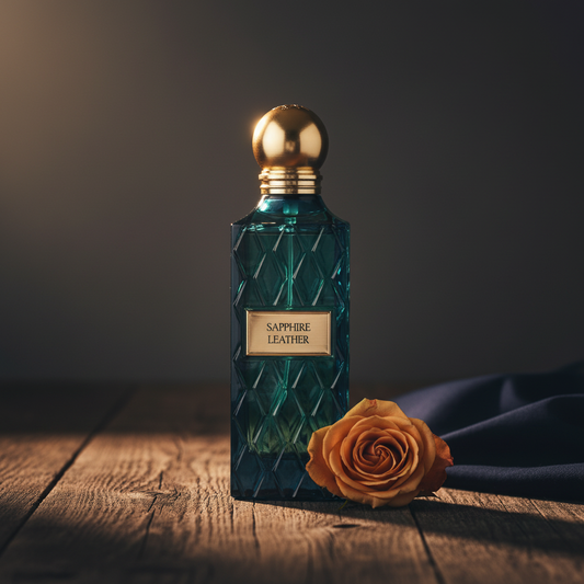 Sapphire Leather by IBRAQ — Lifestyle shot with rose prop, Arabian luxury mood