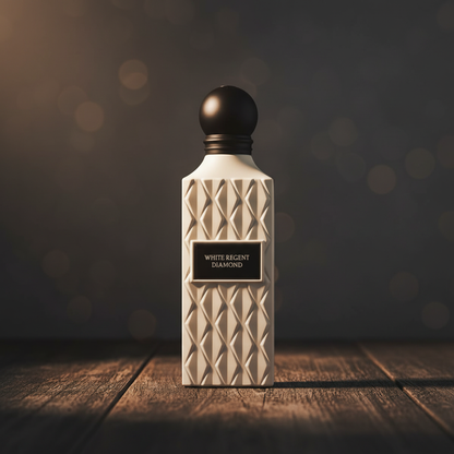 White Regent Diamond perfume bottle hero front shot on dark wood surface with warm moody lighting