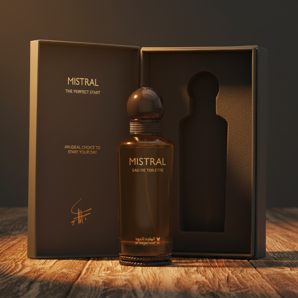 Mistral EAU DE TOILETTE by Al Majed Oud — Bottle with open teal gift box packaging