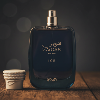 HAWAS ICE perfume bottle close-up detail shot