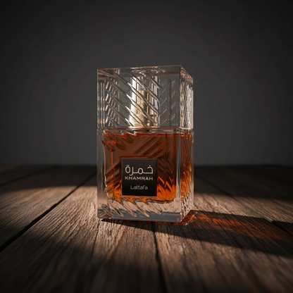 Khamrah by Lattafa luxury perfume bottle hero front shot on dark wood surface