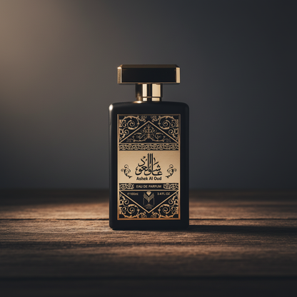 Ashek Al Oud Eau de Parfum 100ml – hero front shot on dark wood surface with warm studio lighting