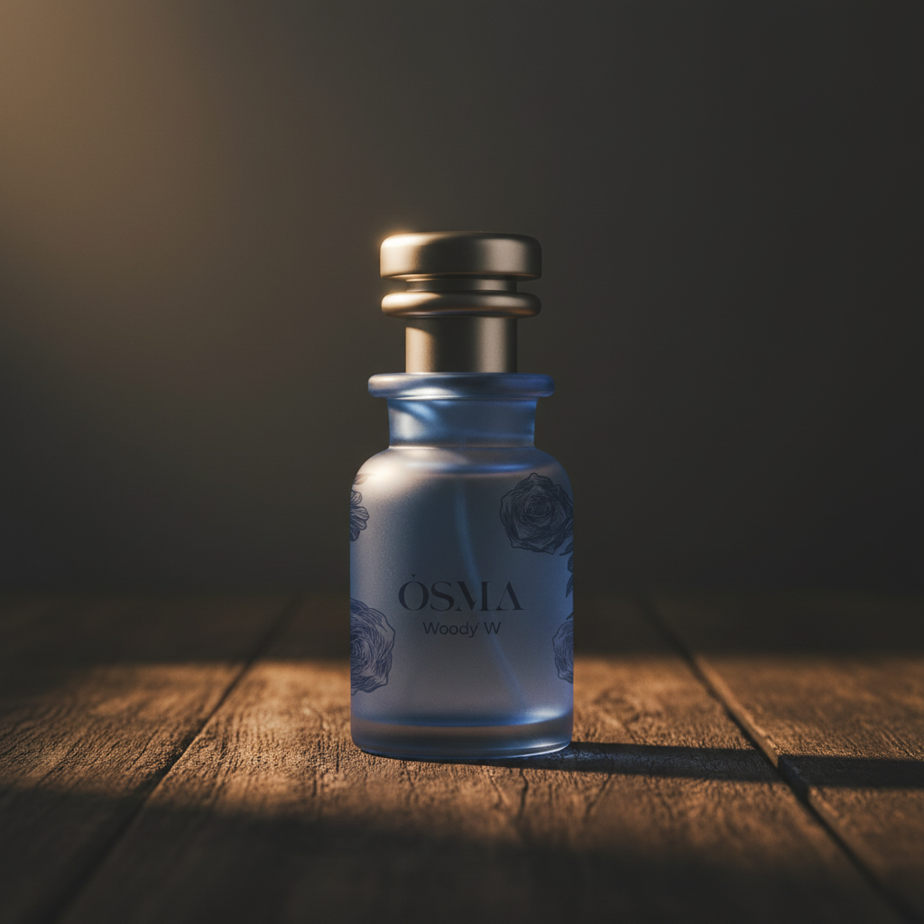 OSMA Woody W luxury perfume bottle hero front shot on dark wood surface