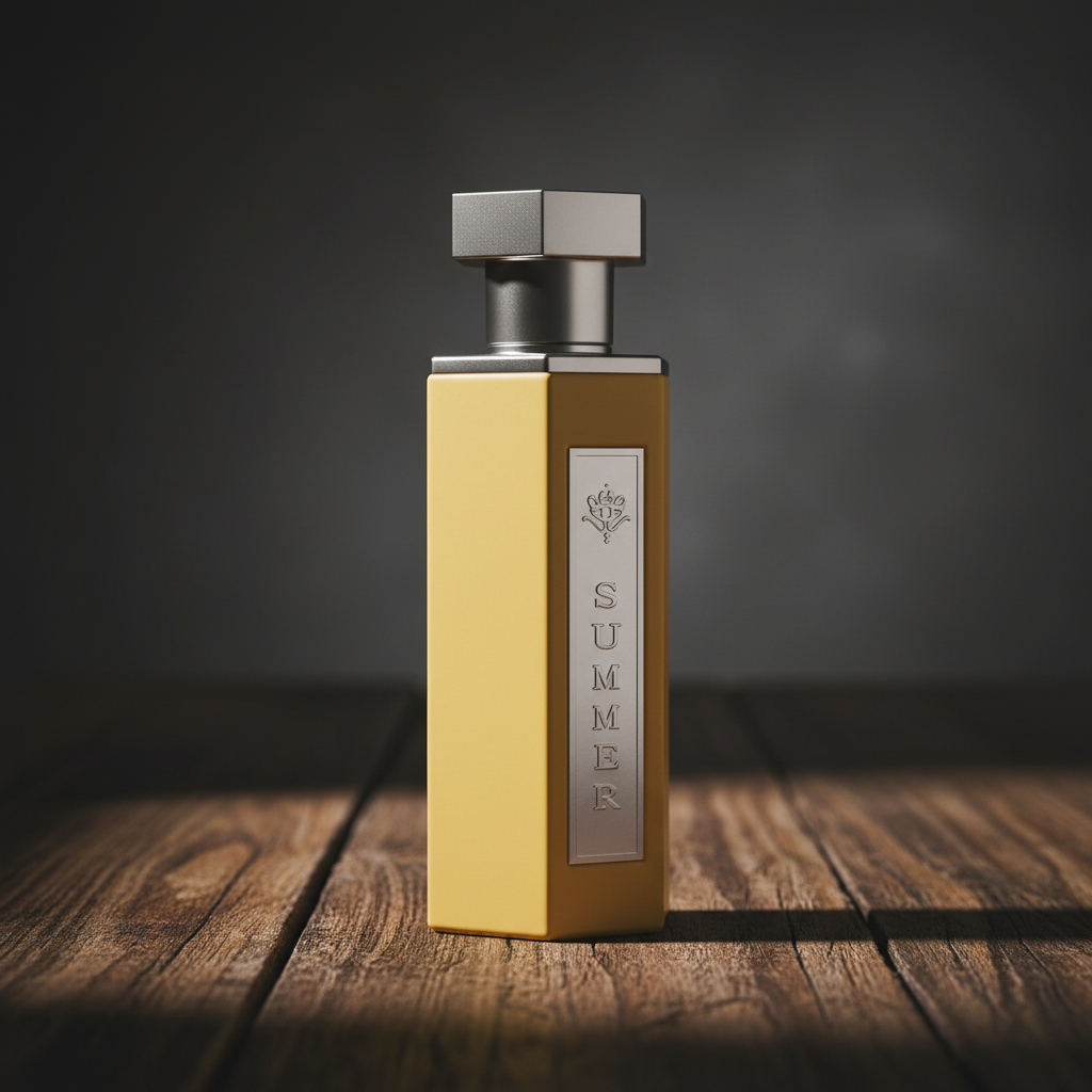 REEF Summer perfume bottle three-quarter angle on dark wood