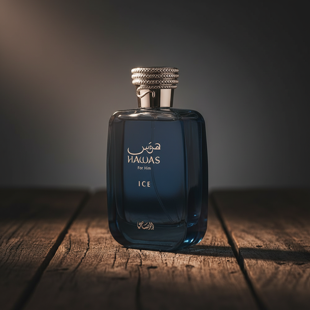 HAWAS ICE perfume bottle three-quarter angle on dark wood surface