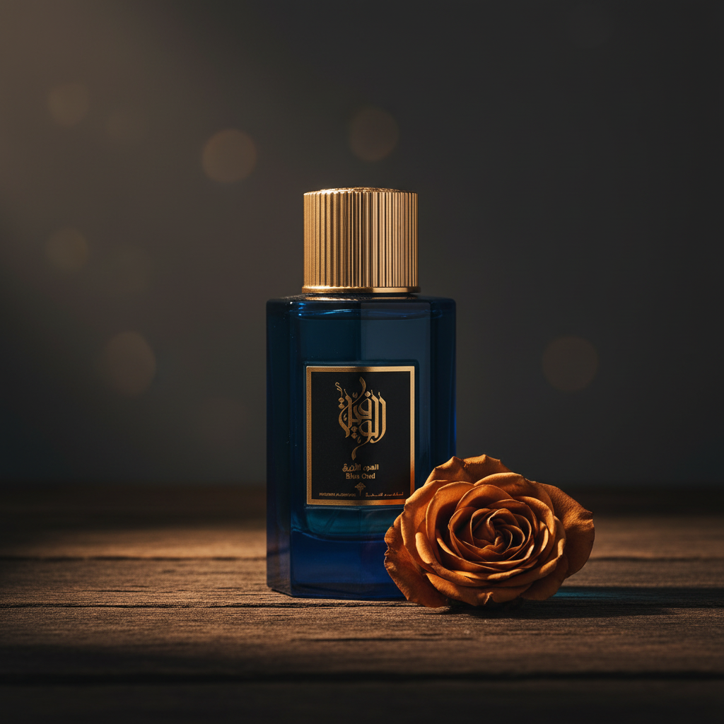 Blue Oud perfume bottle styled with single rose on dark wood surface
