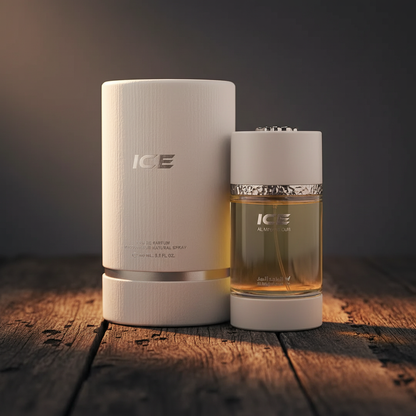 Ice EDP by Al Majed Oud — bottle with cylindrical box packaging