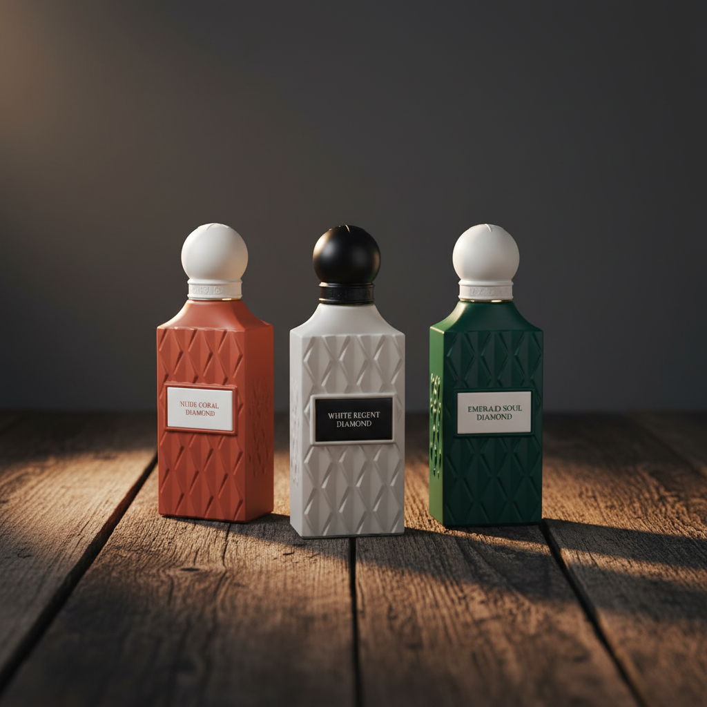 Diamond Collection three perfume bottles three-quarter angle on dark wood surface