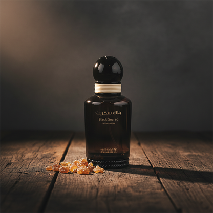 Black Secret Eau de Parfum lifestyle shot with frankincense resin crystals on dark wood