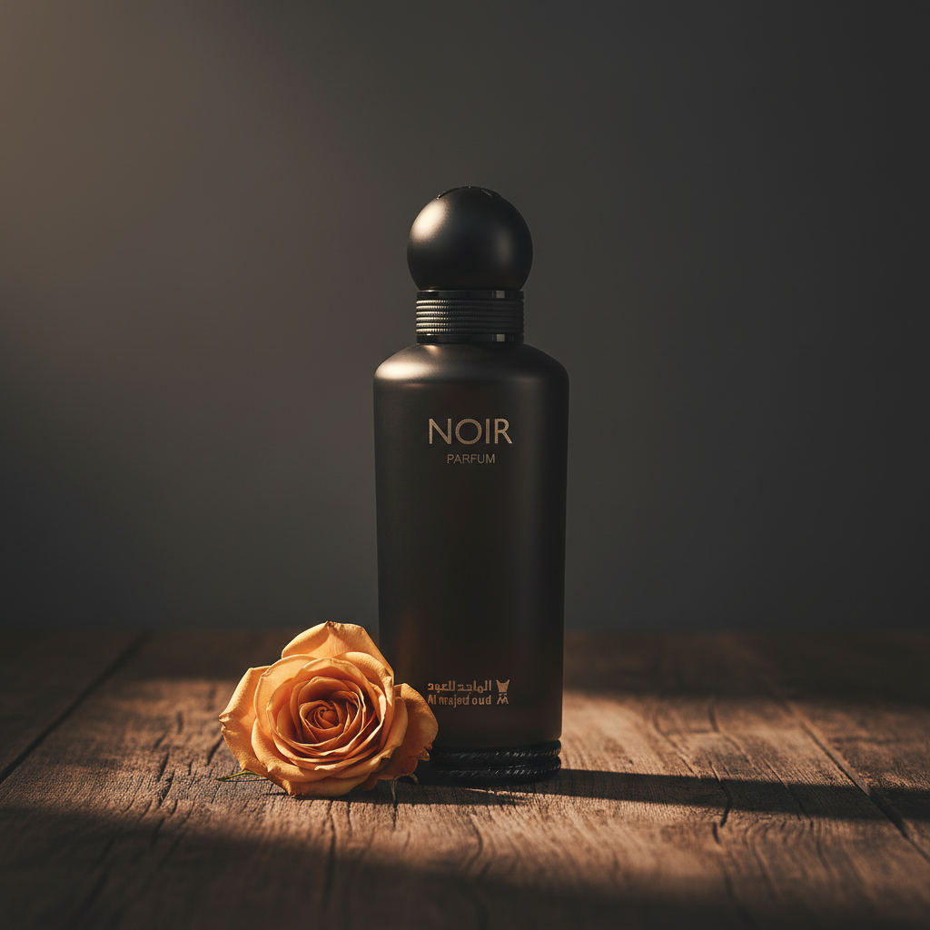 NOIR Parfum by Al Majed Oud — Lifestyle shot with single rose bloom