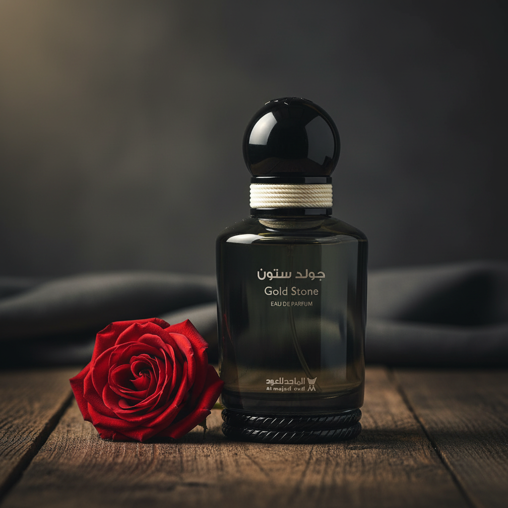 Gold Stone EAU DE PARFUM by Al Majed Oud — Lifestyle shot with single rose bloom