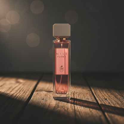 Miss Flora perfume bottle hero front shot on dark wood surface