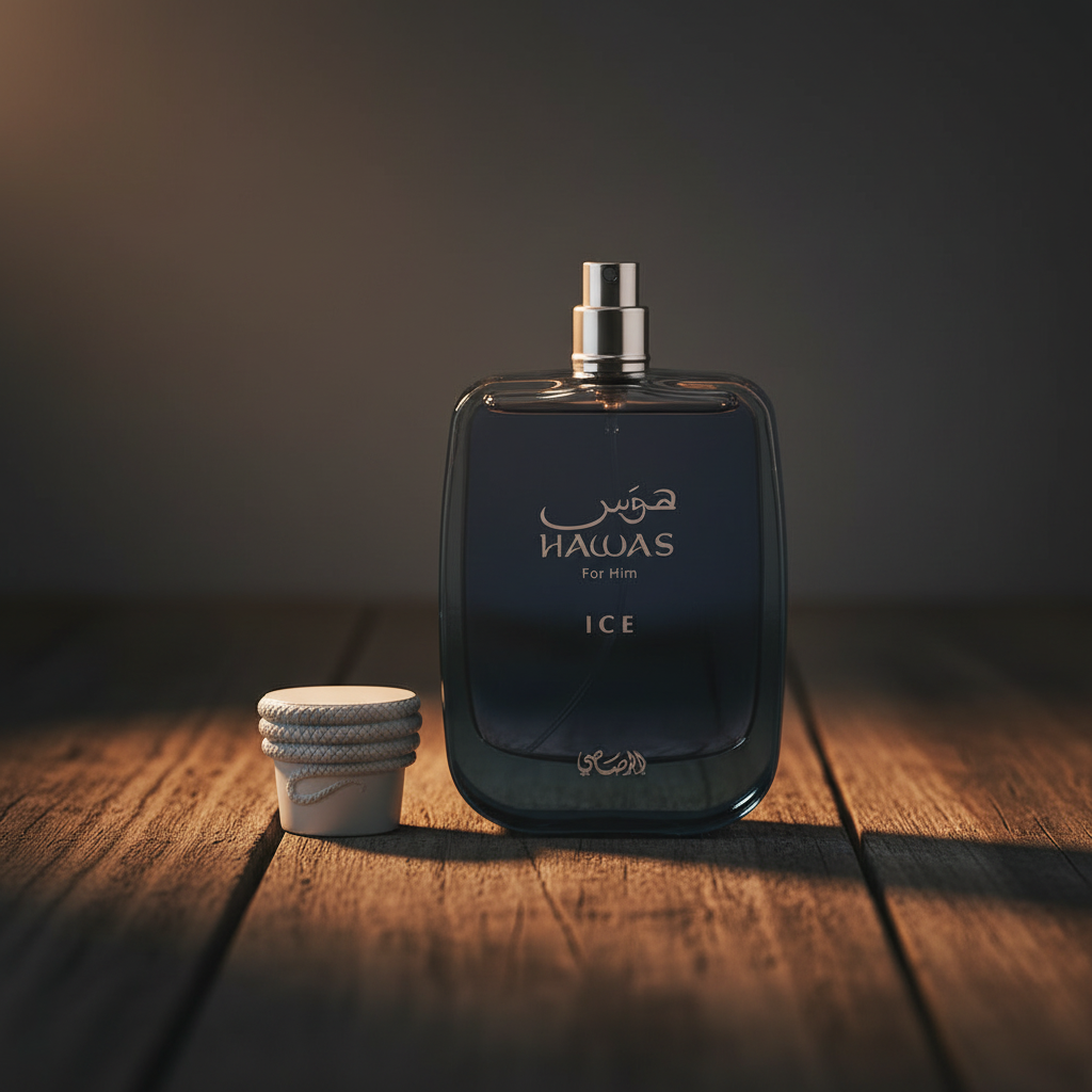 HAWAS ICE perfume bottle hero front shot on dark wood surface
