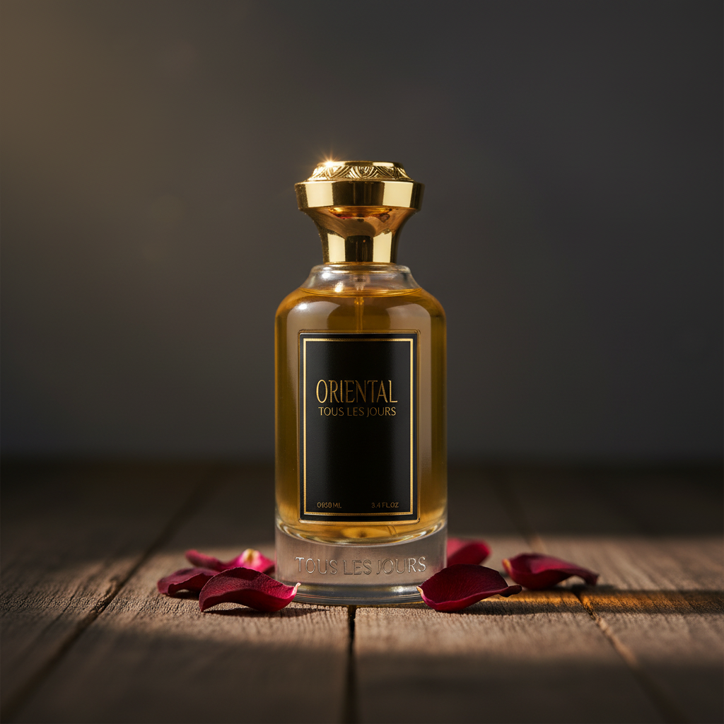 Oriental Tous Les Jours perfume bottle lifestyle shot with rose petals on dark wood