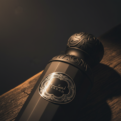 Gissah Mavro perfume bottle close-up detail silver medallion cap