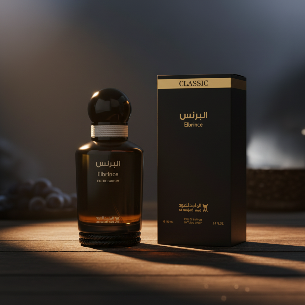 Elbrince Eau de Parfum hero front shot on dark wood surface
