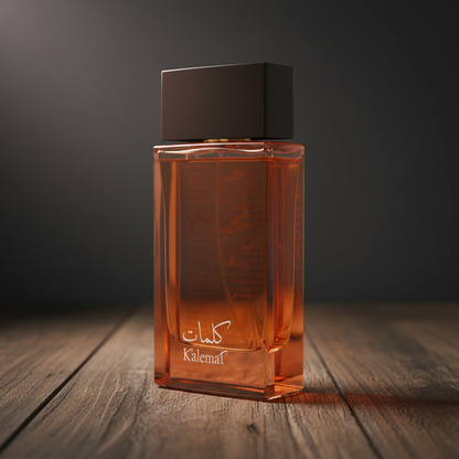 Kalemat perfume bottle three-quarter front angle on dark wood